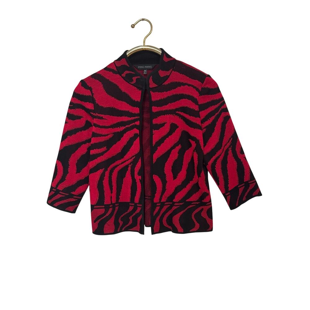 Ming Wang Red Black Animal Print Open Front Cardigan Jacket Sz Petite Small PS